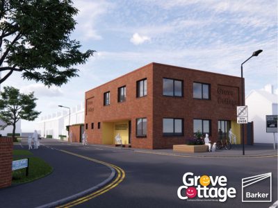 Artist's impression of the rebuild on Twyford Road, featuring a modern, square building under blue skies.