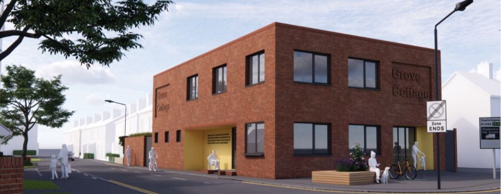 Artist's impression of the rebuild on Twyford Road, featuring a modern, square building under blue skies.